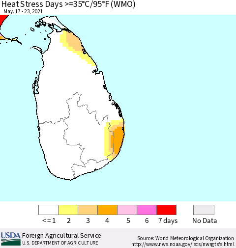 Sri Lanka Heat Stress Days >=35°C/95°F (WMO) Thematic Map For 5/17/2021 - 5/23/2021
