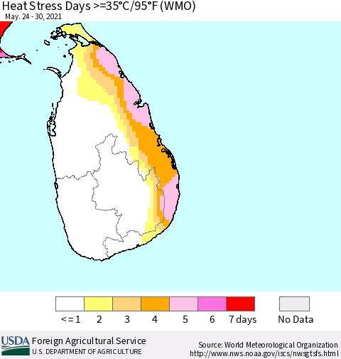 Sri Lanka Heat Stress Days >=35°C/95°F (WMO) Thematic Map For 5/24/2021 - 5/30/2021