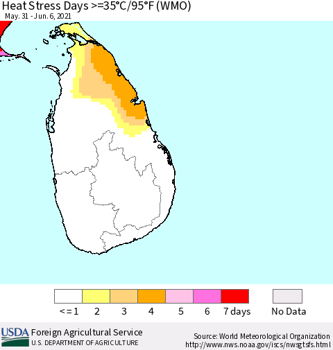 Sri Lanka Heat Stress Days >=35°C/95°F (WMO) Thematic Map For 5/31/2021 - 6/6/2021