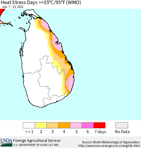 Sri Lanka Heat Stress Days >=35°C/95°F (WMO) Thematic Map For 6/7/2021 - 6/13/2021