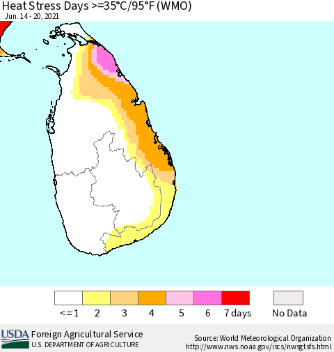 Sri Lanka Heat Stress Days >=35°C/95°F (WMO) Thematic Map For 6/14/2021 - 6/20/2021
