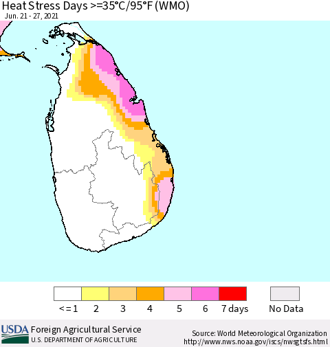 Sri Lanka Heat Stress Days >=35°C/95°F (WMO) Thematic Map For 6/21/2021 - 6/27/2021