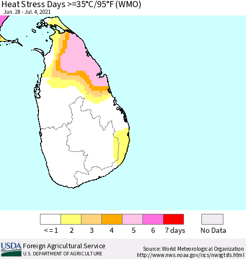 Sri Lanka Heat Stress Days >=35°C/95°F (WMO) Thematic Map For 6/28/2021 - 7/4/2021
