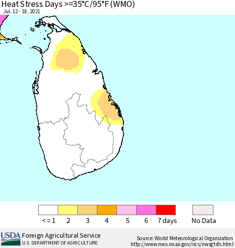 Sri Lanka Heat Stress Days >=35°C/95°F (WMO) Thematic Map For 7/12/2021 - 7/18/2021