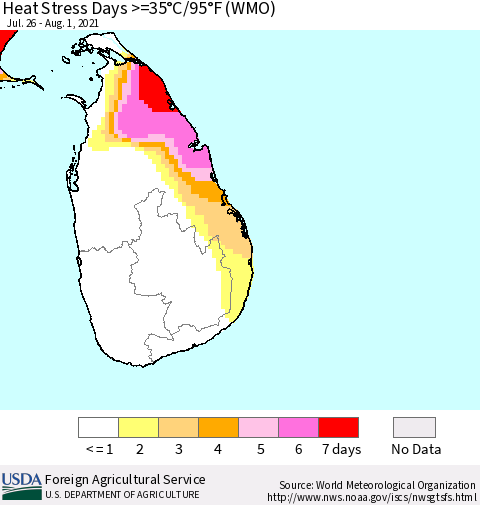 Sri Lanka Heat Stress Days >=35°C/95°F (WMO) Thematic Map For 7/26/2021 - 8/1/2021