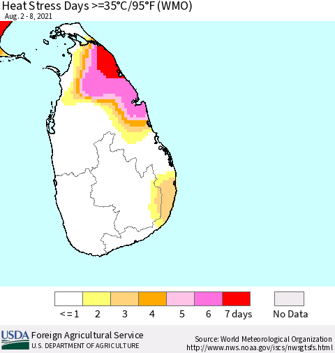 Sri Lanka Heat Stress Days >=35°C/95°F (WMO) Thematic Map For 8/2/2021 - 8/8/2021