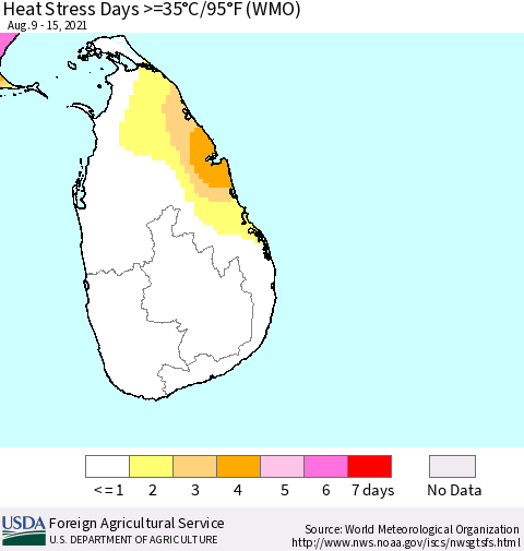 Sri Lanka Heat Stress Days >=35°C/95°F (WMO) Thematic Map For 8/9/2021 - 8/15/2021