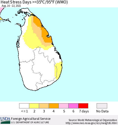 Sri Lanka Heat Stress Days >=35°C/95°F (WMO) Thematic Map For 8/16/2021 - 8/22/2021