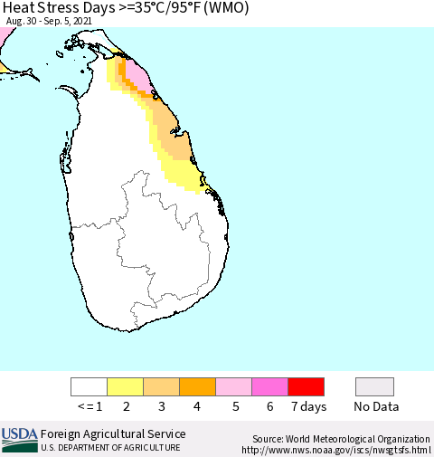 Sri Lanka Heat Stress Days >=35°C/95°F (WMO) Thematic Map For 8/30/2021 - 9/5/2021