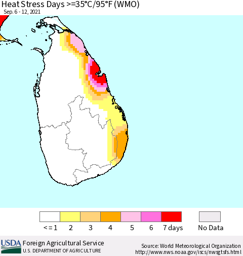 Sri Lanka Heat Stress Days >=35°C/95°F (WMO) Thematic Map For 9/6/2021 - 9/12/2021