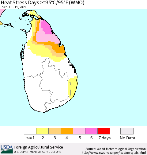 Sri Lanka Heat Stress Days >=35°C/95°F (WMO) Thematic Map For 9/13/2021 - 9/19/2021