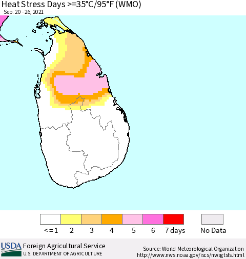 Sri Lanka Heat Stress Days >=35°C/95°F (WMO) Thematic Map For 9/20/2021 - 9/26/2021