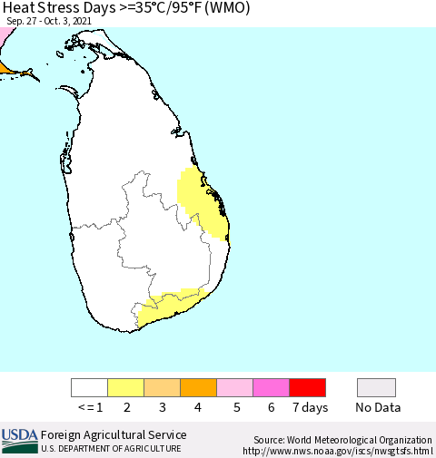 Sri Lanka Heat Stress Days >=35°C/95°F (WMO) Thematic Map For 9/27/2021 - 10/3/2021