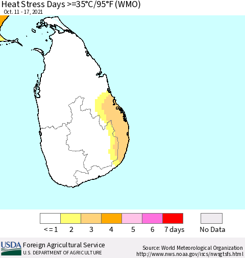 Sri Lanka Heat Stress Days >=35°C/95°F (WMO) Thematic Map For 10/11/2021 - 10/17/2021