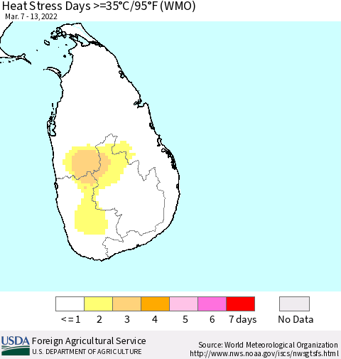Sri Lanka Heat Stress Days >=35°C/95°F (WMO) Thematic Map For 3/7/2022 - 3/13/2022