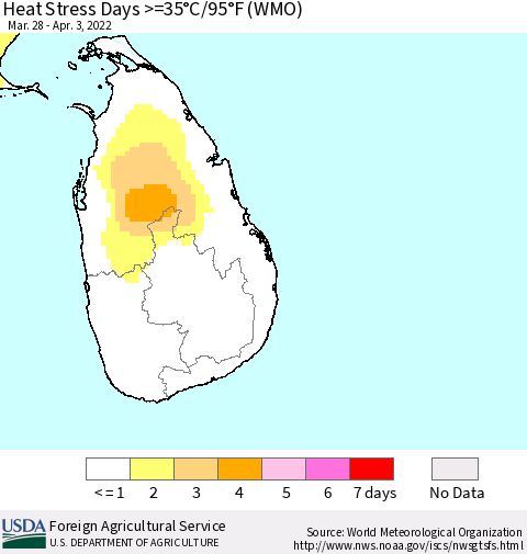 Sri Lanka Heat Stress Days >=35°C/95°F (WMO) Thematic Map For 3/28/2022 - 4/3/2022