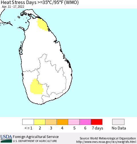 Sri Lanka Heat Stress Days >=35°C/95°F (WMO) Thematic Map For 4/11/2022 - 4/17/2022