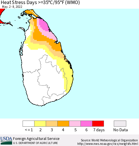 Sri Lanka Heat Stress Days >=35°C/95°F (WMO) Thematic Map For 5/2/2022 - 5/8/2022