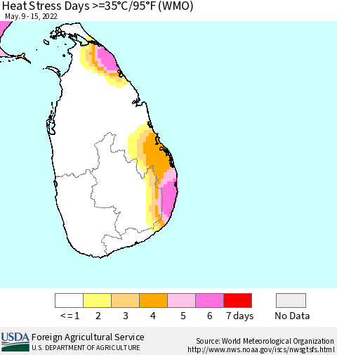Sri Lanka Heat Stress Days >=35°C/95°F (WMO) Thematic Map For 5/9/2022 - 5/15/2022