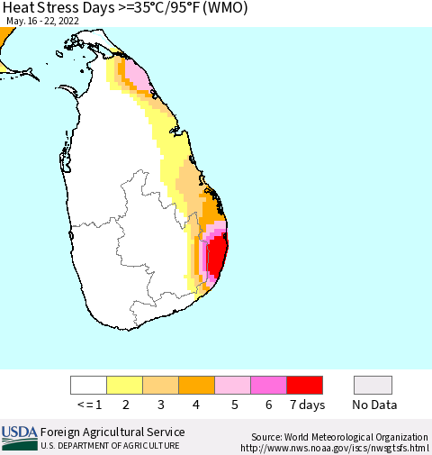 Sri Lanka Heat Stress Days >=35°C/95°F (WMO) Thematic Map For 5/16/2022 - 5/22/2022