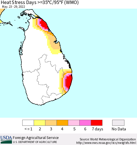 Sri Lanka Heat Stress Days >=35°C/95°F (WMO) Thematic Map For 5/23/2022 - 5/29/2022