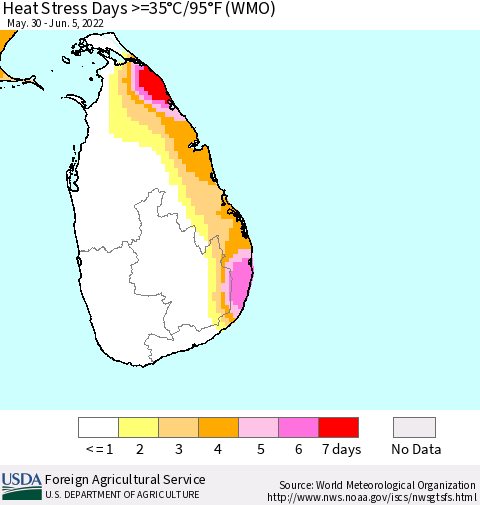 Sri Lanka Heat Stress Days >=35°C/95°F (WMO) Thematic Map For 5/30/2022 - 6/5/2022