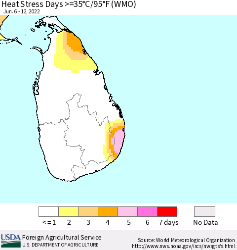 Sri Lanka Heat Stress Days >=35°C/95°F (WMO) Thematic Map For 6/6/2022 - 6/12/2022
