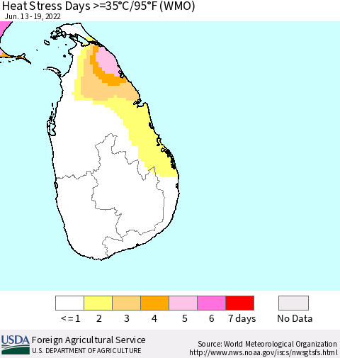 Sri Lanka Heat Stress Days >=35°C/95°F (WMO) Thematic Map For 6/13/2022 - 6/19/2022