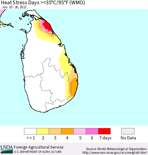 Sri Lanka Heat Stress Days >=35°C/95°F (WMO) Thematic Map For 6/20/2022 - 6/26/2022