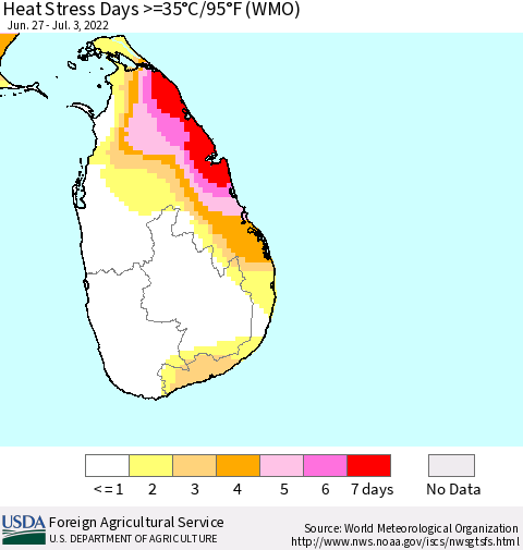Sri Lanka Heat Stress Days >=35°C/95°F (WMO) Thematic Map For 6/27/2022 - 7/3/2022
