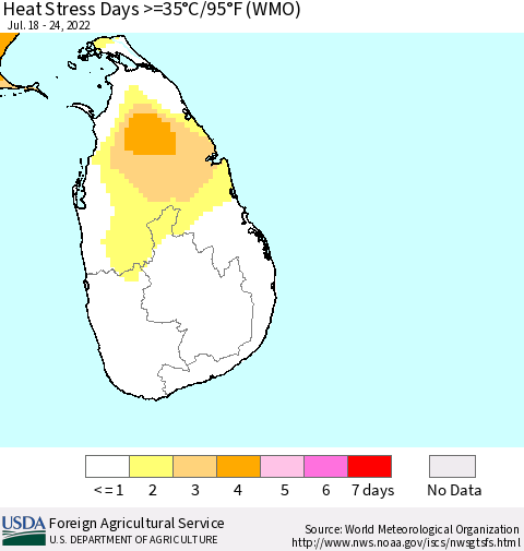 Sri Lanka Heat Stress Days >=35°C/95°F (WMO) Thematic Map For 7/18/2022 - 7/24/2022