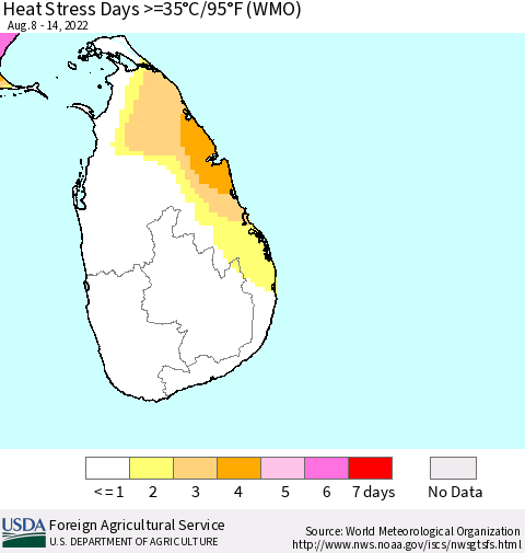 Sri Lanka Heat Stress Days >=35°C/95°F (WMO) Thematic Map For 8/8/2022 - 8/14/2022