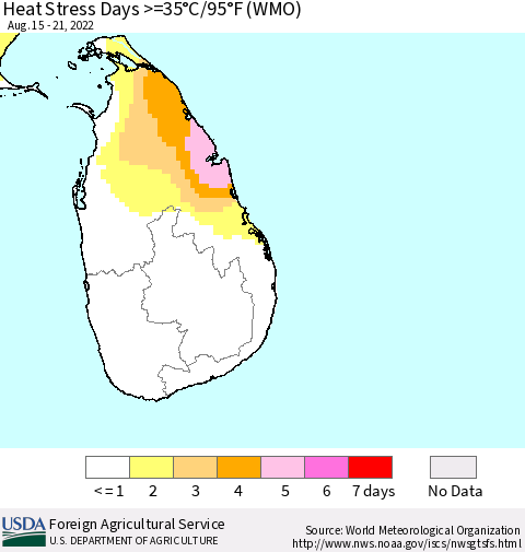 Sri Lanka Heat Stress Days >=35°C/95°F (WMO) Thematic Map For 8/15/2022 - 8/21/2022