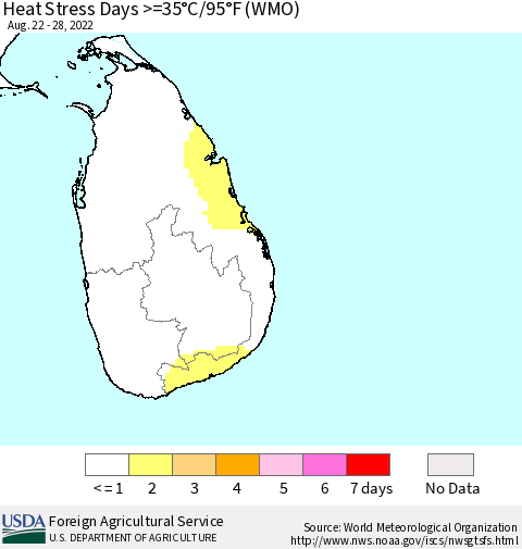 Sri Lanka Heat Stress Days >=35°C/95°F (WMO) Thematic Map For 8/22/2022 - 8/28/2022