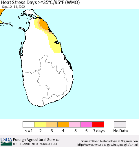 Sri Lanka Heat Stress Days >=35°C/95°F (WMO) Thematic Map For 9/12/2022 - 9/18/2022