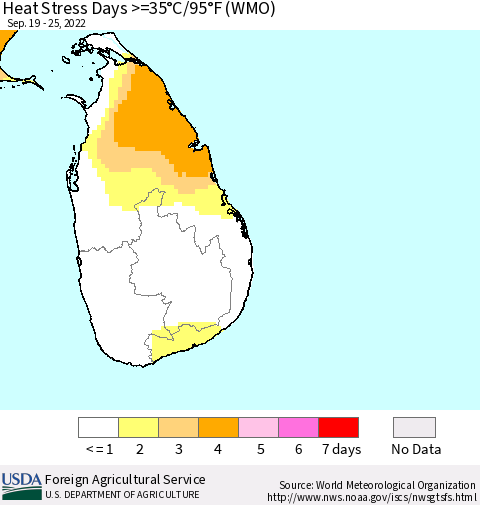Sri Lanka Heat Stress Days >=35°C/95°F (WMO) Thematic Map For 9/19/2022 - 9/25/2022