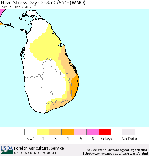 Sri Lanka Heat Stress Days >=35°C/95°F (WMO) Thematic Map For 9/26/2022 - 10/2/2022