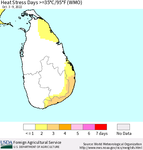 Sri Lanka Heat Stress Days >=35°C/95°F (WMO) Thematic Map For 10/3/2022 - 10/9/2022