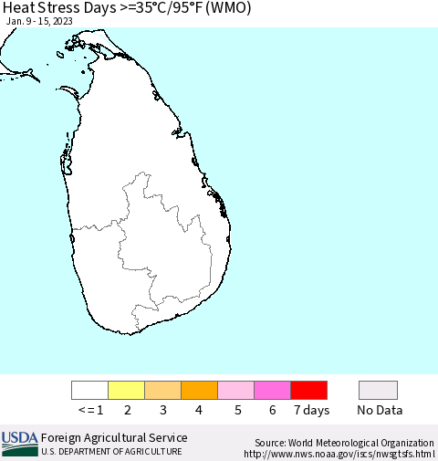 Sri Lanka Heat Stress Days >=35°C/95°F (WMO) Thematic Map For 1/9/2023 - 1/15/2023