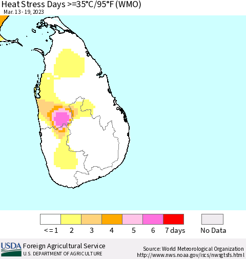 Sri Lanka Heat Stress Days >=35°C/95°F (WMO) Thematic Map For 3/13/2023 - 3/19/2023