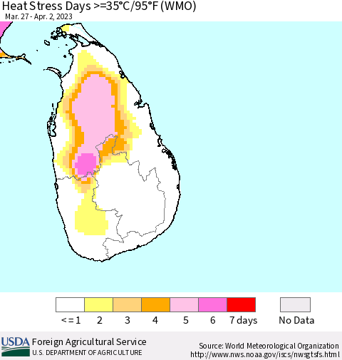 Sri Lanka Heat Stress Days >=35°C/95°F (WMO) Thematic Map For 3/27/2023 - 4/2/2023