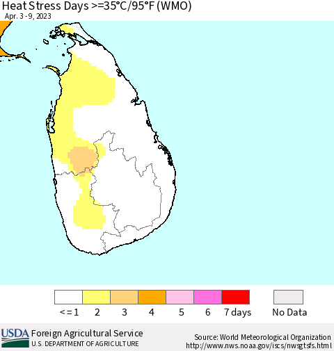 Sri Lanka Heat Stress Days >=35°C/95°F (WMO) Thematic Map For 4/3/2023 - 4/9/2023
