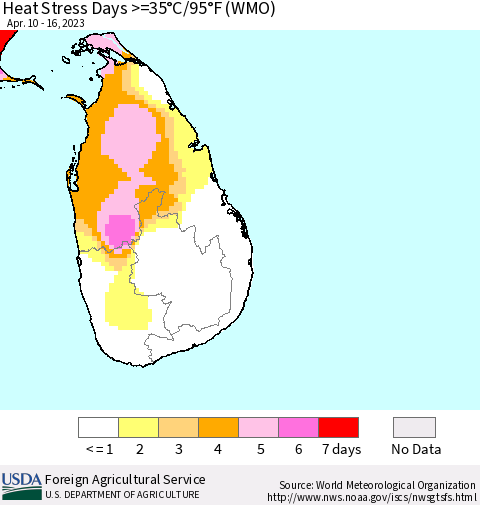 Sri Lanka Heat Stress Days >=35°C/95°F (WMO) Thematic Map For 4/10/2023 - 4/16/2023