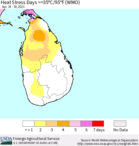 Sri Lanka Heat Stress Days >=35°C/95°F (WMO) Thematic Map For 4/24/2023 - 4/30/2023