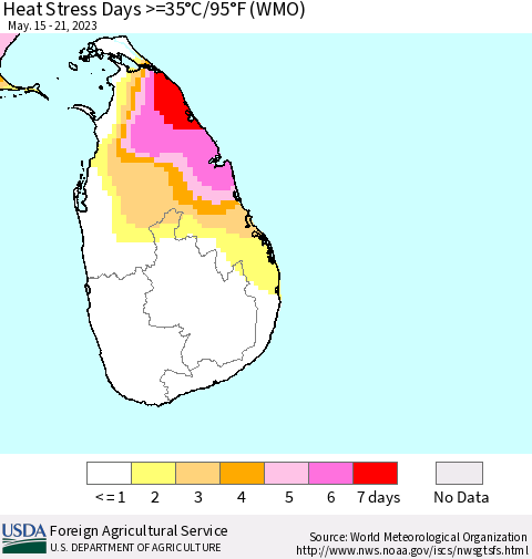 Sri Lanka Heat Stress Days >=35°C/95°F (WMO) Thematic Map For 5/15/2023 - 5/21/2023