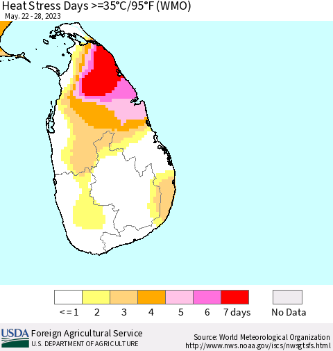Sri Lanka Heat Stress Days >=35°C/95°F (WMO) Thematic Map For 5/22/2023 - 5/28/2023