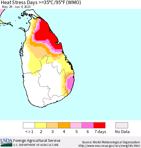 Sri Lanka Heat Stress Days >=35°C/95°F (WMO) Thematic Map For 5/29/2023 - 6/4/2023