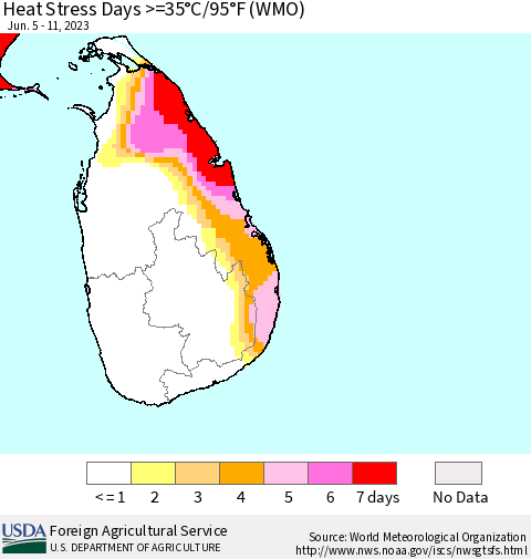 Sri Lanka Heat Stress Days >=35°C/95°F (WMO) Thematic Map For 6/5/2023 - 6/11/2023