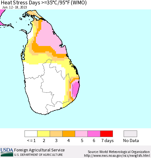 Sri Lanka Heat Stress Days >=35°C/95°F (WMO) Thematic Map For 6/12/2023 - 6/18/2023