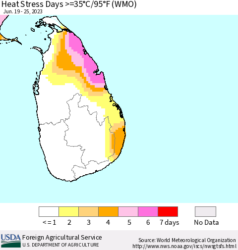 Sri Lanka Heat Stress Days >=35°C/95°F (WMO) Thematic Map For 6/19/2023 - 6/25/2023